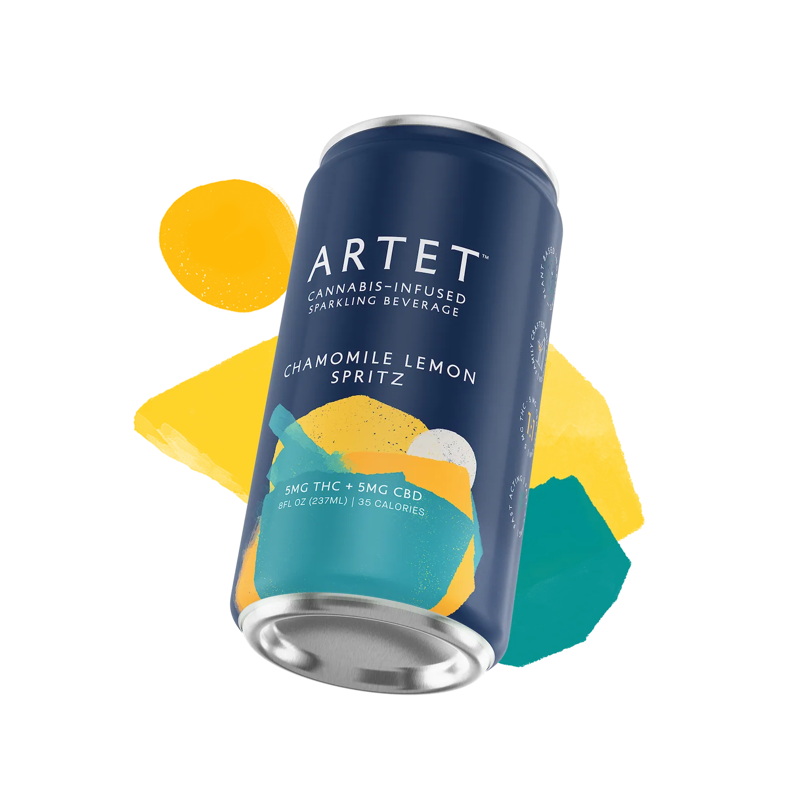 Artet cannabis-infused sparkling beverage can with chamomile lemon spritz flavor on a white background