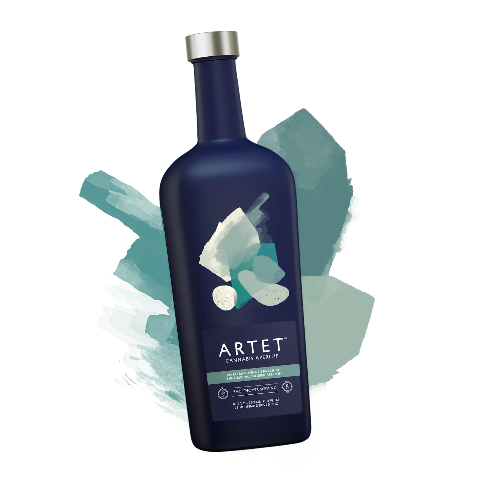 Blue bottle of Artet Cannabis Aperitif with a white label on a light blue background