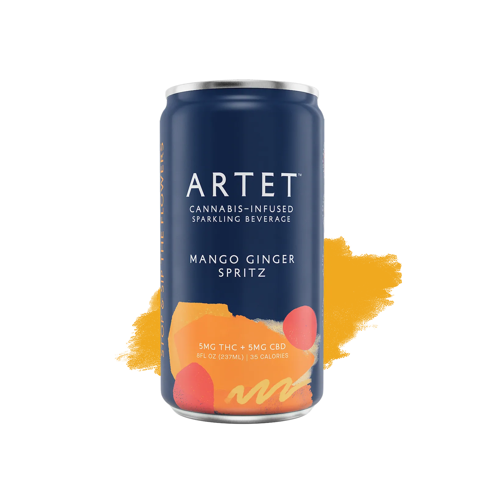 Artet cannabis-infused sparkling beverage can with mango ginger spritz flavor on a white background