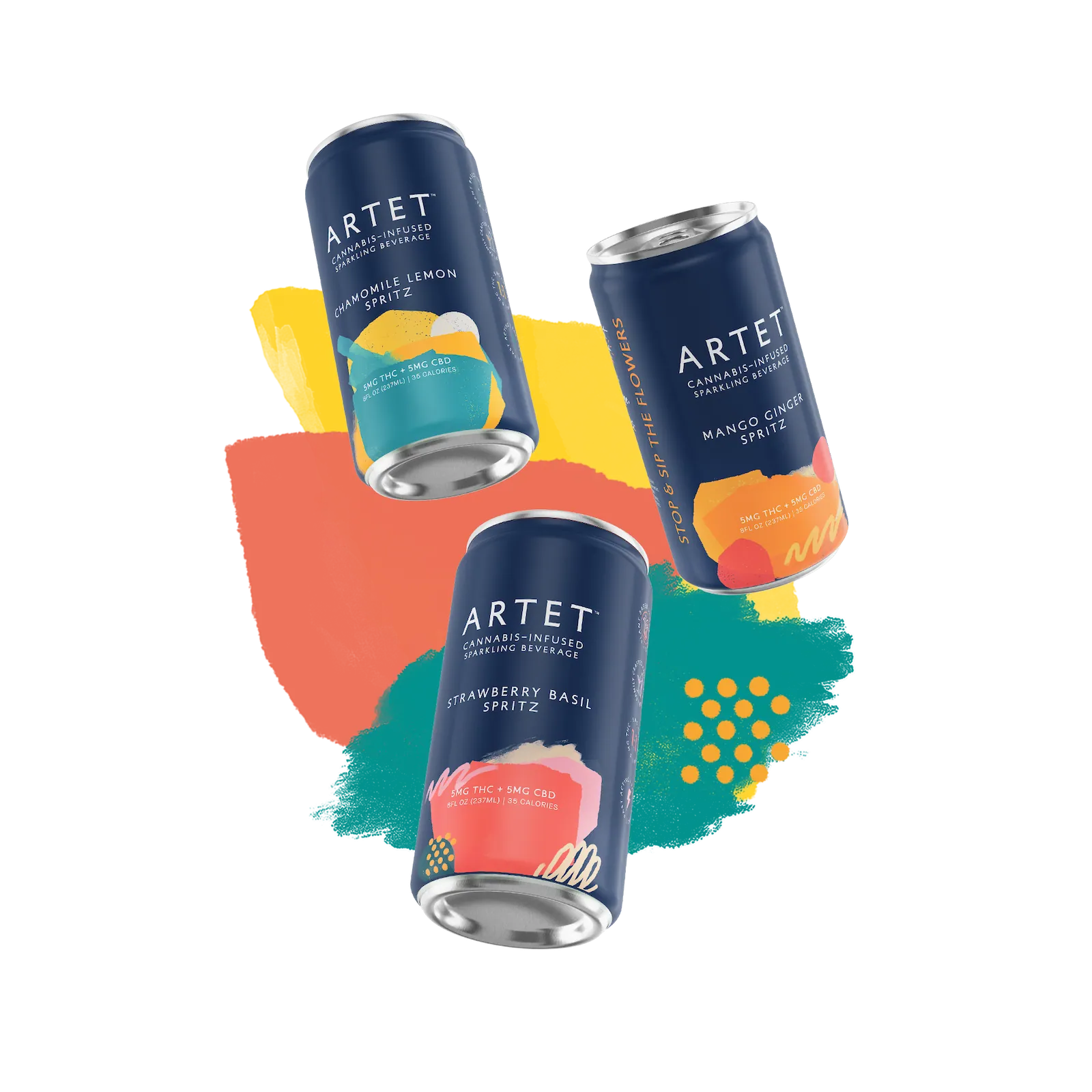 Three cans of Artet sparkling wine spritzers on a colorful abstract background