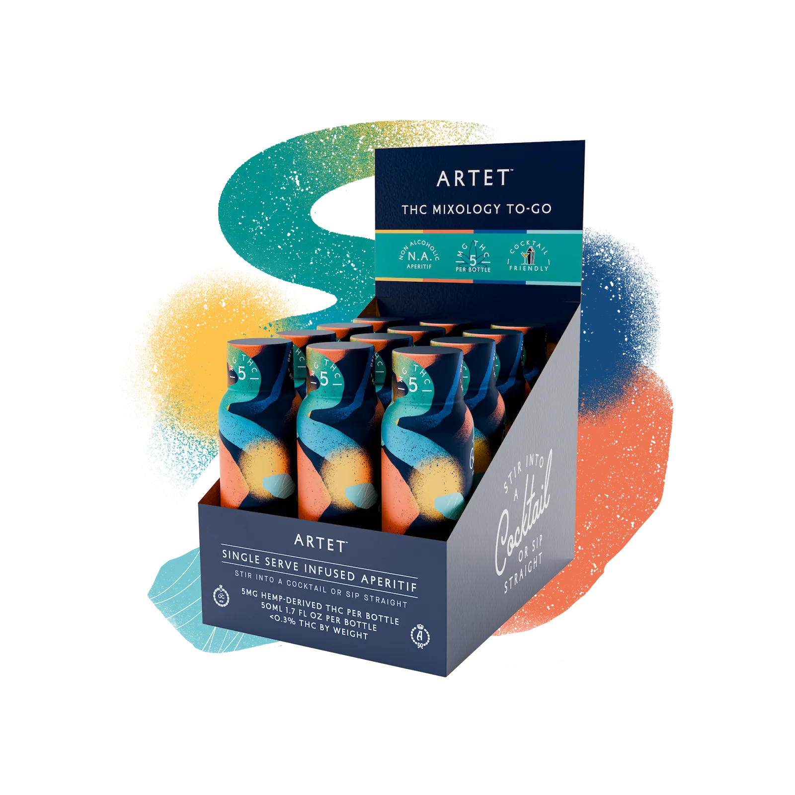 Display of Artet THC mixology products with colorful abstract background